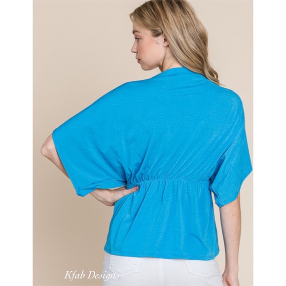 ❤️LAST! V Neck Wrap Front Cinched Elasticized Waist Ocean Blue Multi Use Top - Picture 5 of 6